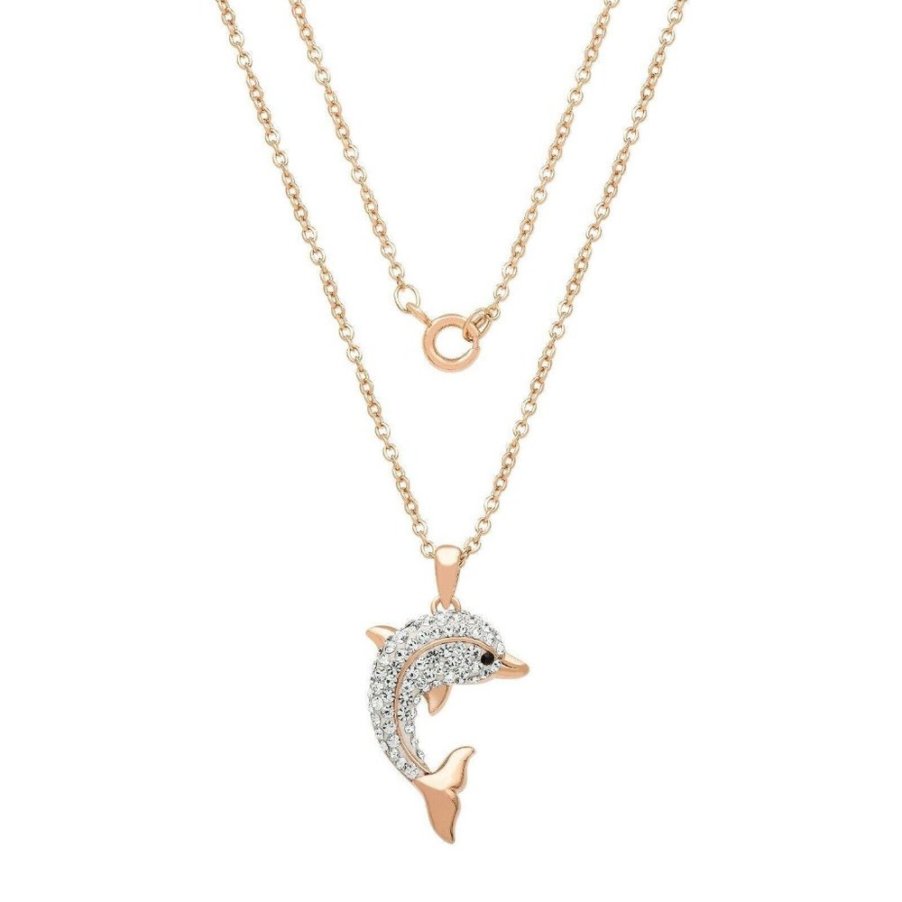 14k Rose Gold Plated Clear Crystal Dolphin Pendant